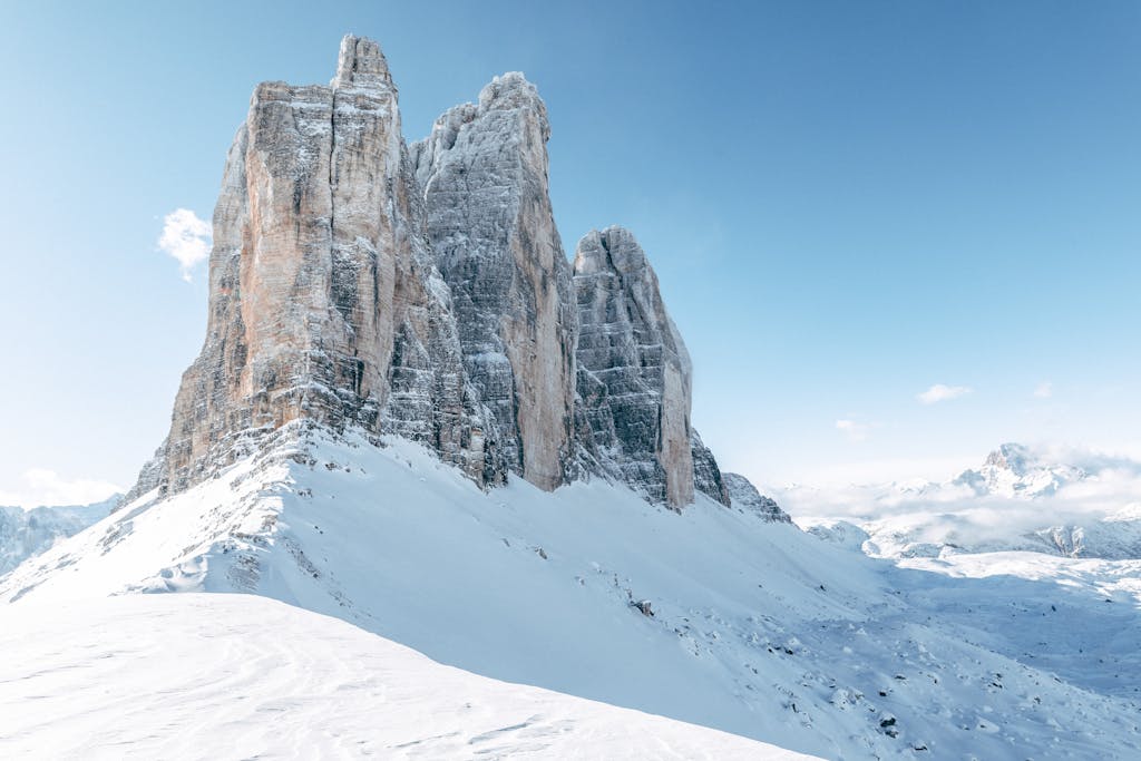 Breathtaking view of the snow-covered peaks in the Dolomites, Italy's winter wonderland.
