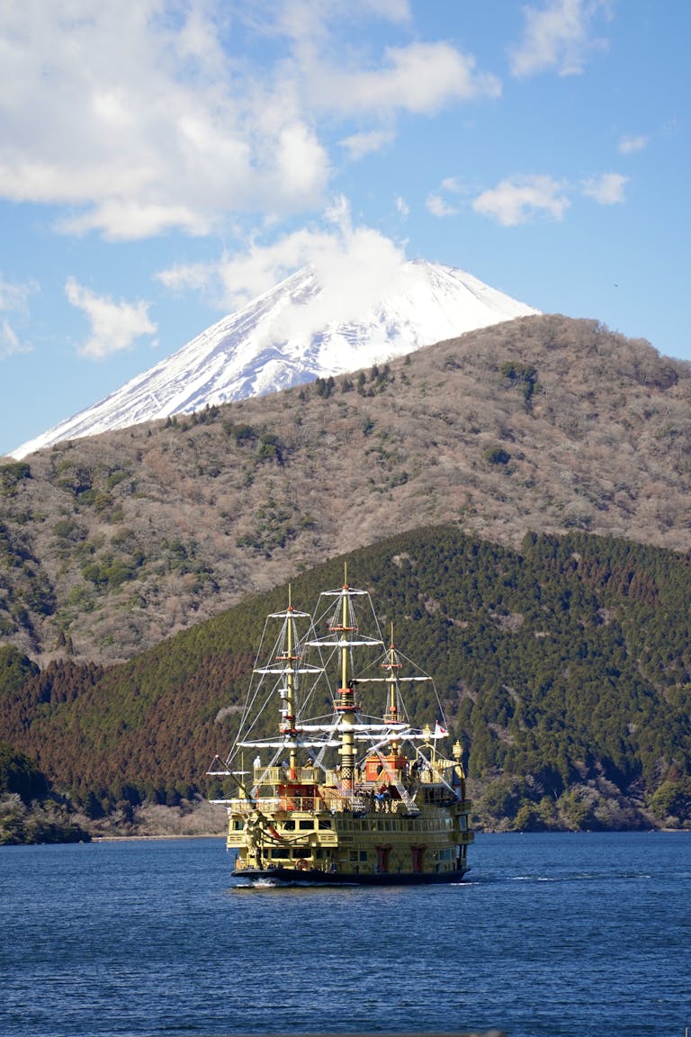 Capture of a pirate ship on Lake Ashi with Mount Fuji in the background, Hakone, Japan.