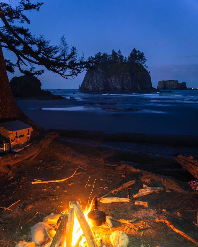 Serene beach campfire scene at La Push, WA, showcasing coastal beauty at twilight.