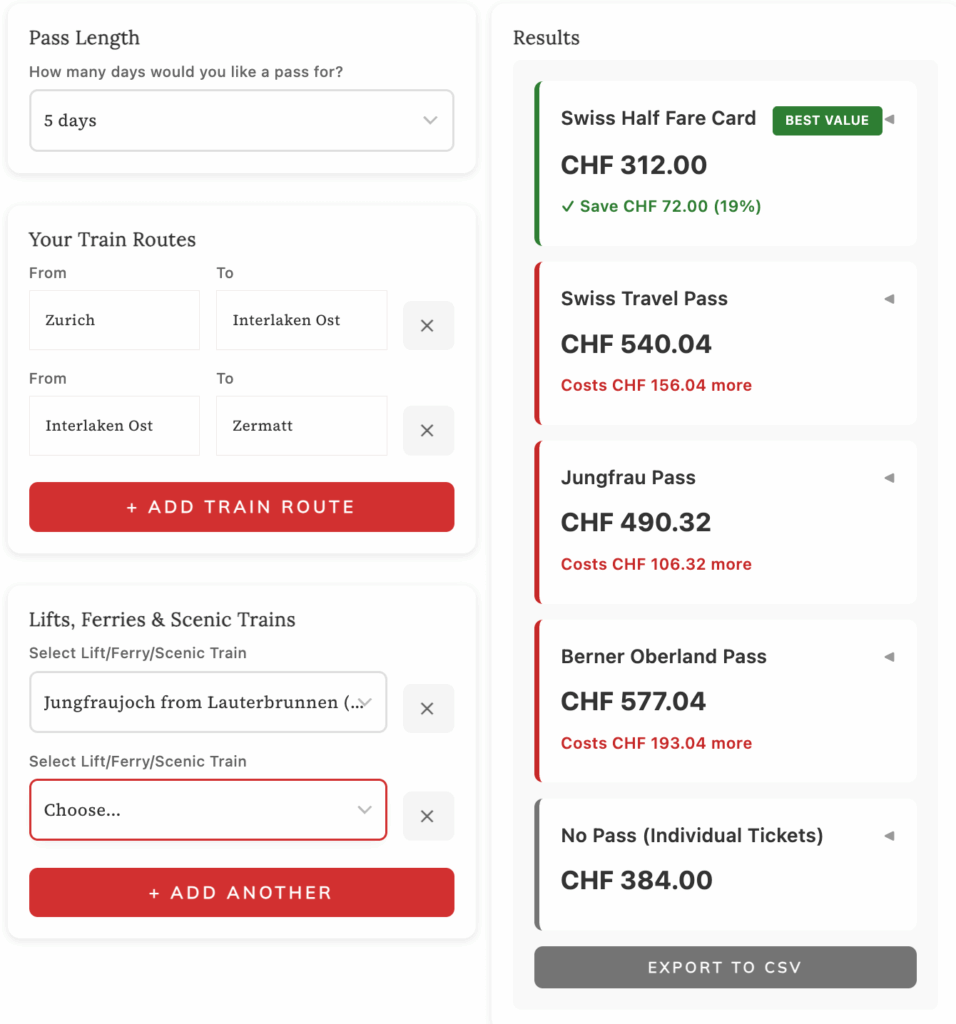 Swiss travel pass comparison calculator 5 day itinerary example