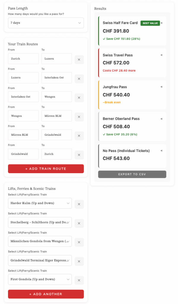 Swiss travel pass calculator 7 day itinerary example