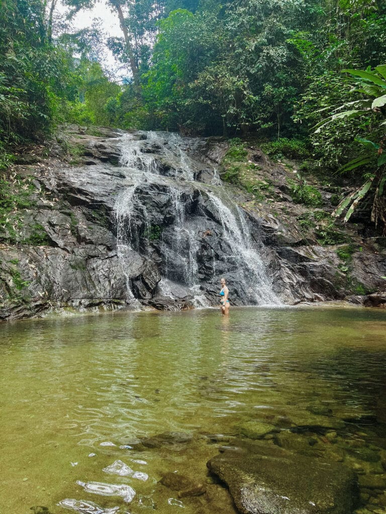 Wide, calm pool at the base of a mid-sized waterfall, perfect for swimming.