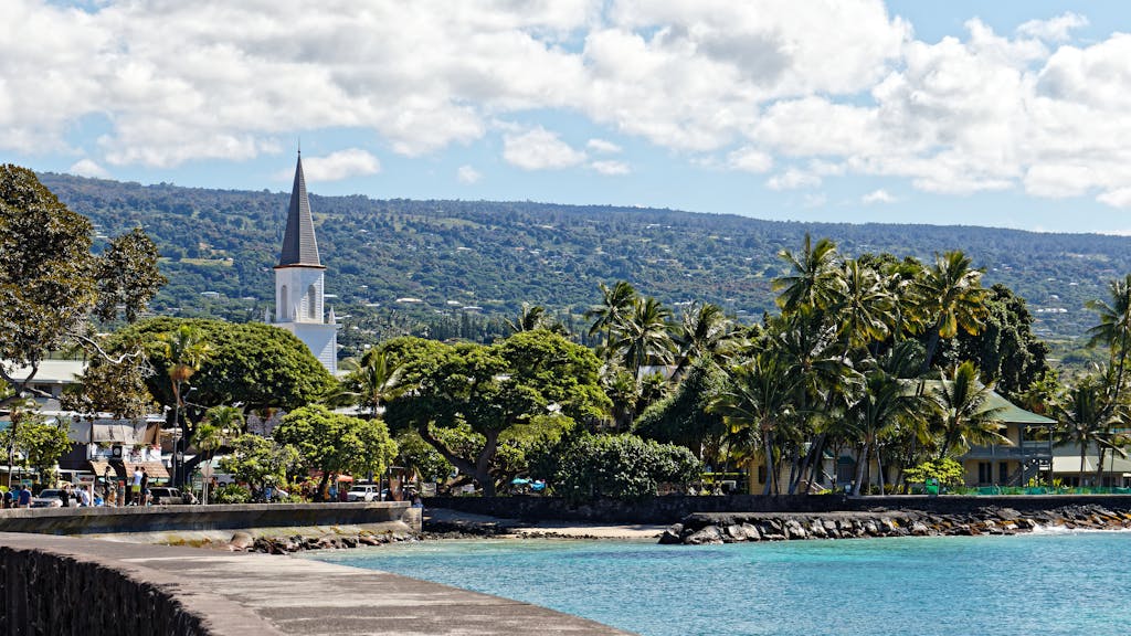 Beautiful landscape featuring a coastal town, church steeple, and lush palm trees.
