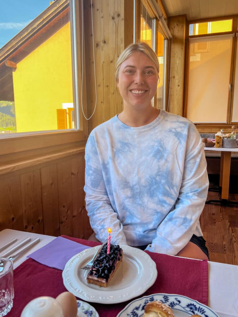 Breakfast surprise at Bnb Lavi with a homemade birthday cake and candle prepared by host Rita.