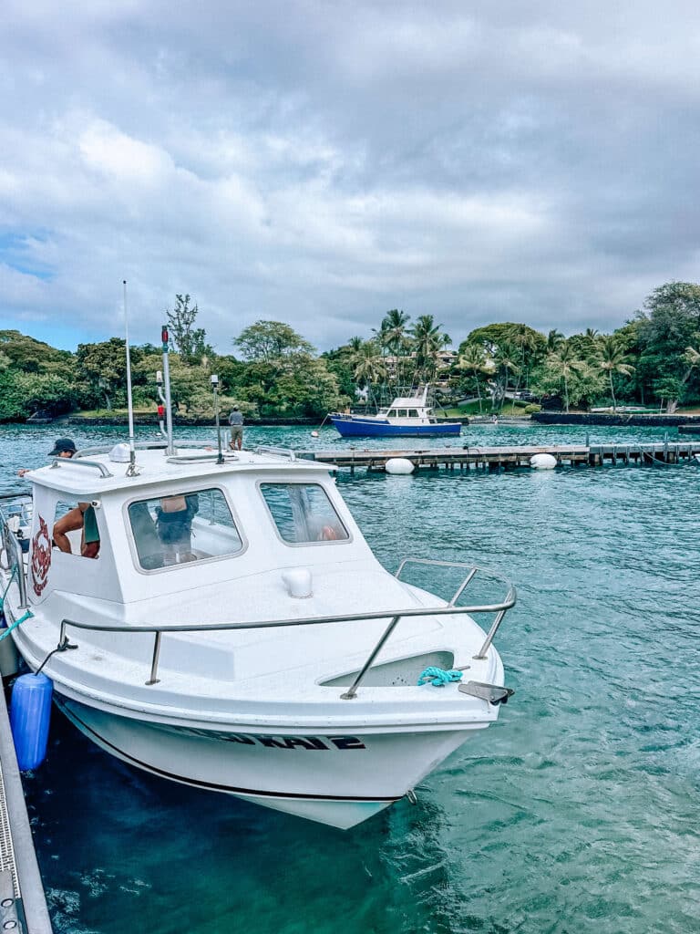 A small sportfishing-style snorkel boat anchored near the shoreline at Kealakekua Bay.