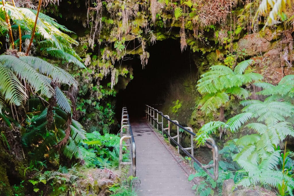 The mossy entrance to the Nāʻhuku Lava Tube with a walkway leading into the dimly lit cave.