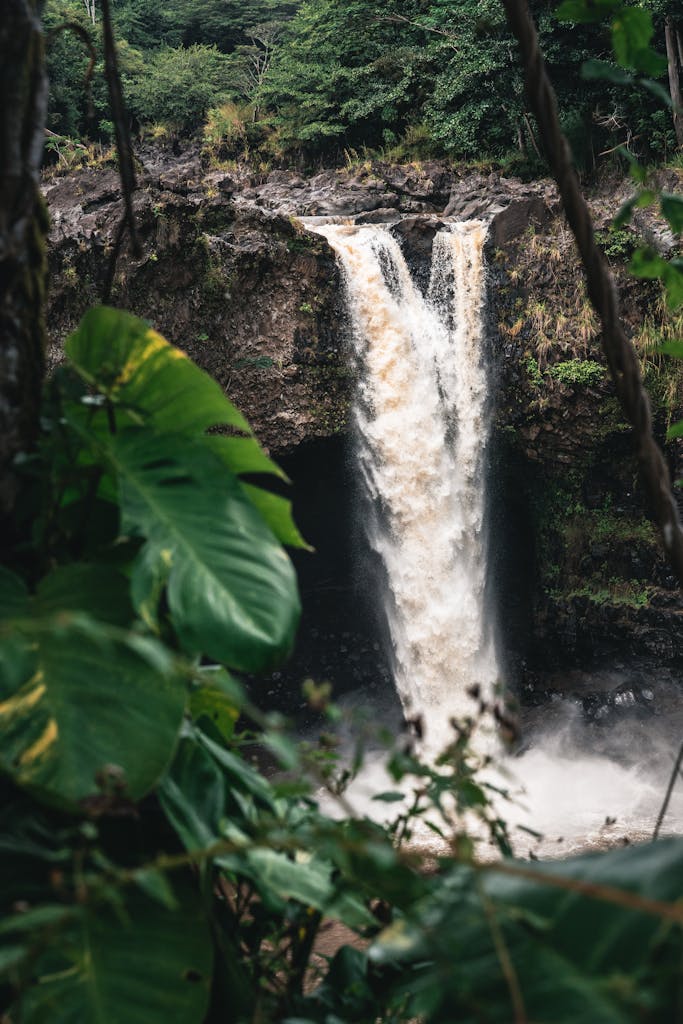 Vertical shot of Rainbow Falls waterfall surrounded by lush greenery in Hilo, Hawaii, USA.