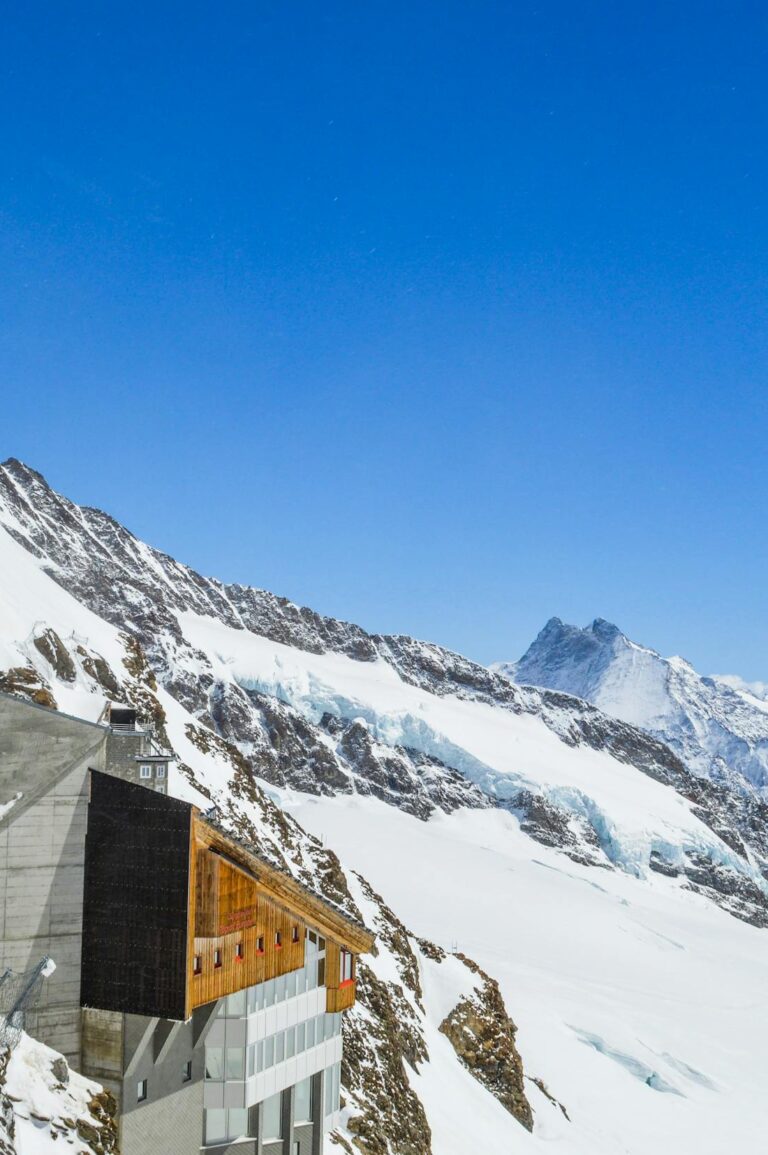 A breathtaking view of a mountain observatory against a clear blue sky, surrounded by snow-covered peaks.