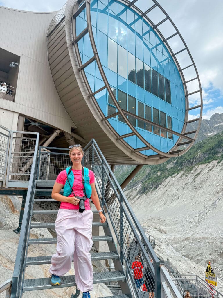 Over 500 steep metal stairs leading from the gondola station at Mer de Glace down to the entrance of the Ice Grotto