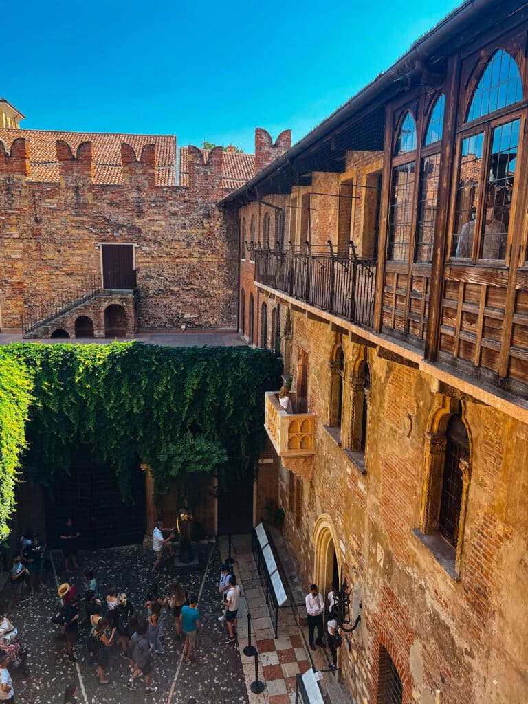 Aerial view of Juliet's Balcony and Courtyard at the Juliet House and Museum in Verona