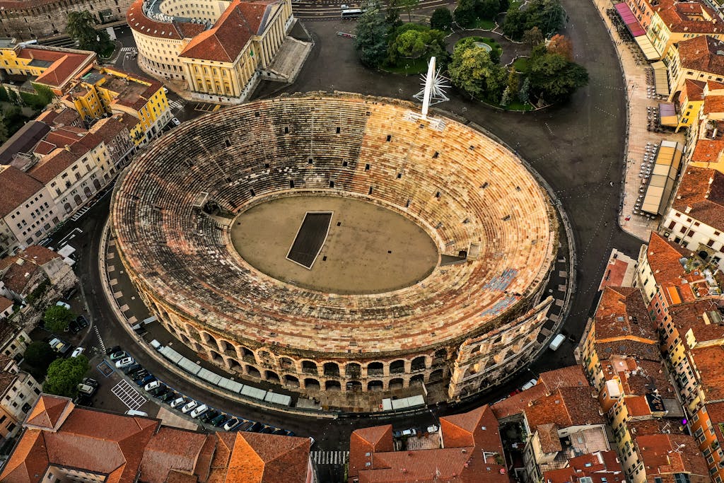 Stunning aerial shot of the ancient Verona Arena, showcasing its Roman architecture.