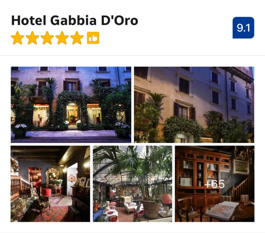 Hotel Gabbia D’Oro is a deeply romantic boutique hotel set inside an 18th-century palazzo overlooking Piazza delle Erbe. With frescoed ceilings, rich fabrics, and softly elegant rooms, it feels more like a private Veronese residence than a hotel. An ideal choice for couples who want an intimate, atmospheric stay that leans fully into Verona’s old-world romance—especially for anniversaries or a first trip together.