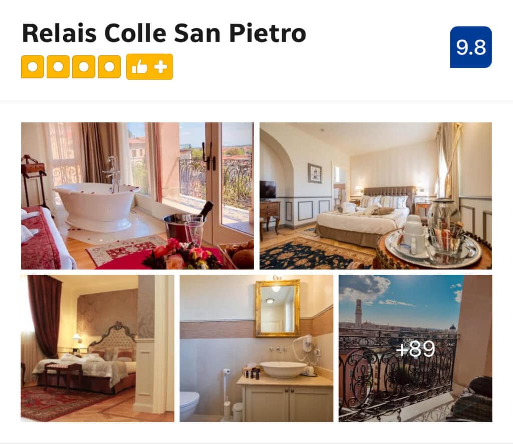 Relais Colle San Pietro is a small, romantic guesthouse perched just across the river from Verona’s historic center, offering a quieter, more residential feel than staying right in the old town. With only a few thoughtfully designed rooms and apartment-style accommodations, it feels intimate and personal rather than hotel-like. The real standout is the terrace, which offers sweeping views over Verona’s rooftops—perfect for slow mornings or sunset aperitivo. A lovely choice for couples who want privacy, views, and a peaceful retreat without being far from the action.
