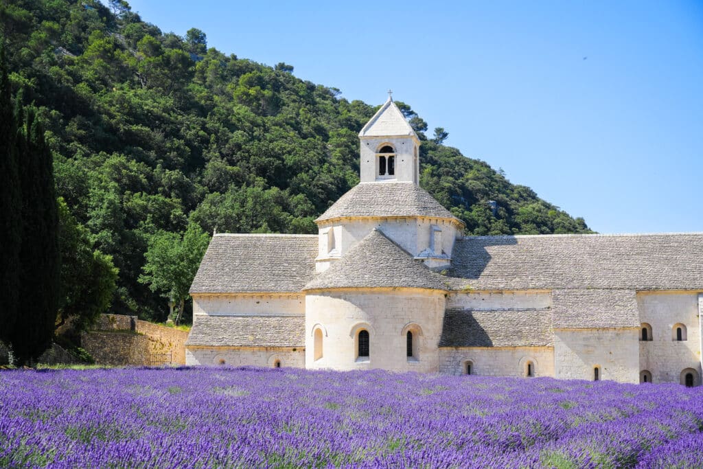 Abbey building at Sénanque with lavender in bloom and a deep blue summer sky.