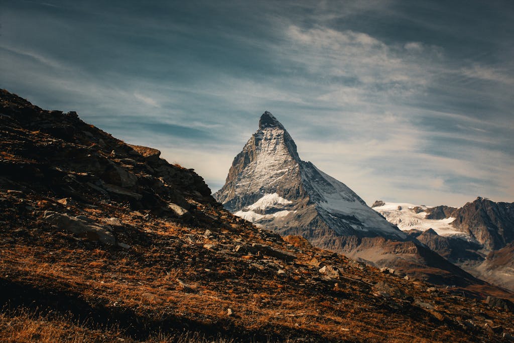 A breathtaking shot of the iconic Matterhorn mountain in the Swiss Alps near Zermatt.