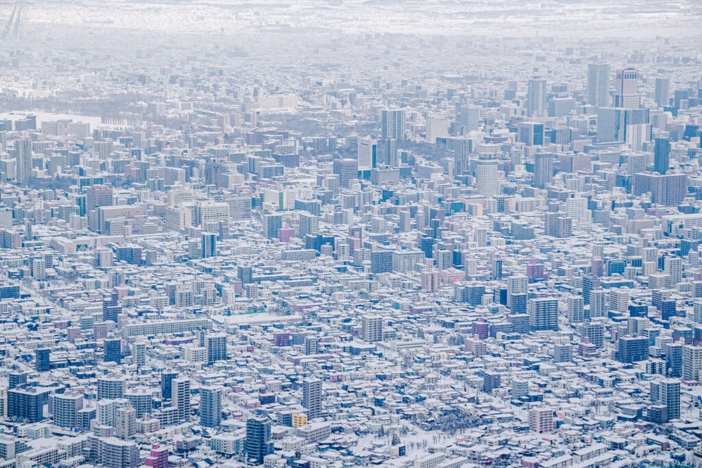 Zoomed-in view over Sapporo’s city blocks from the Mt. Moiwa summit.
