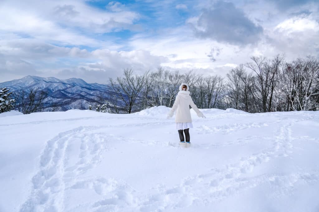 Footprints crossing a snowy path near the summit with mountains on the horizon and Char playing in the snow
