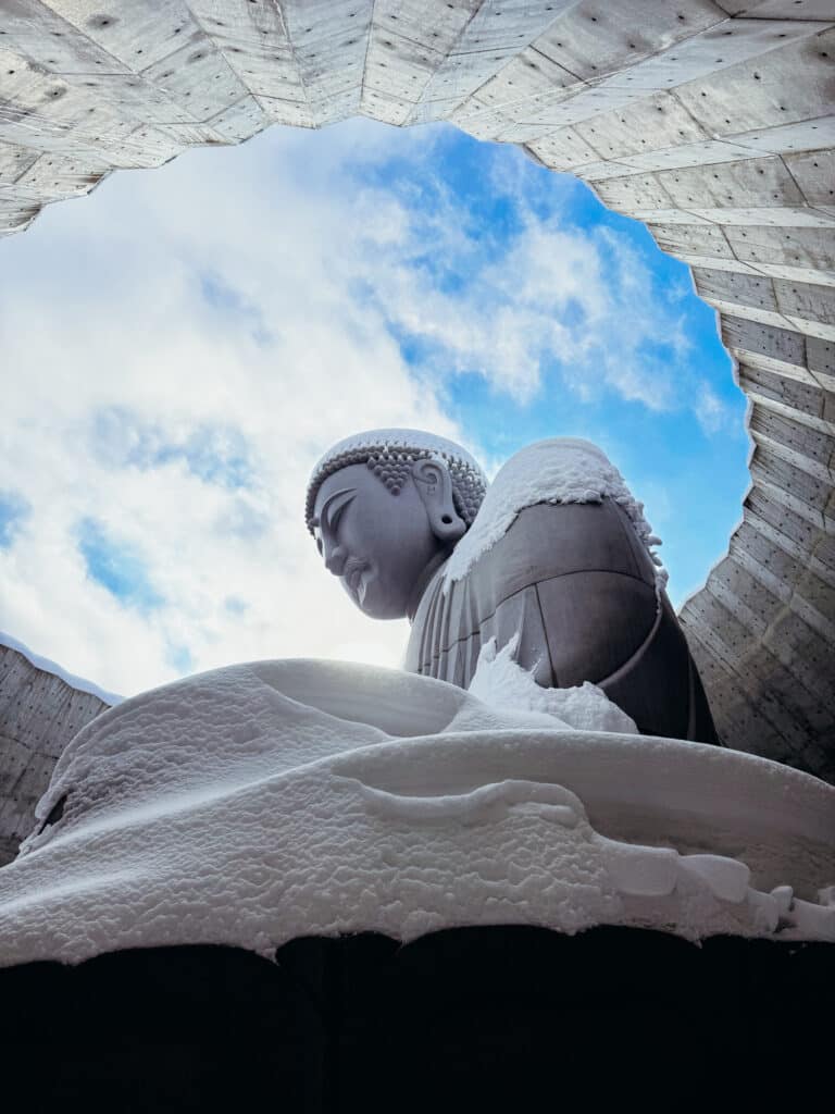 Side view of the giant granite Buddha statue inside the Hill of the Buddha shrine in Sapporo.