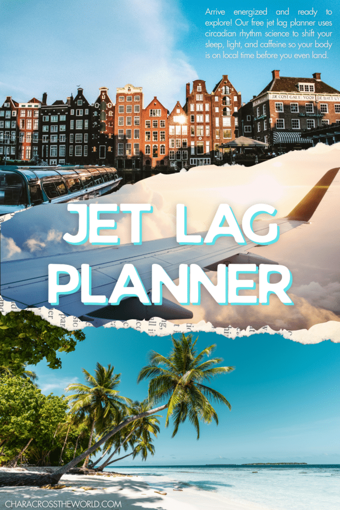 A free jet lag planner tool showing a collage of Amsterdam canal houses, an airplane wing above clouds, and a tropical beach with palm trees. Text reads "Jet Lag Planner" and describes a free science-backed tool for shifting sleep, light, and caffeine before travel.