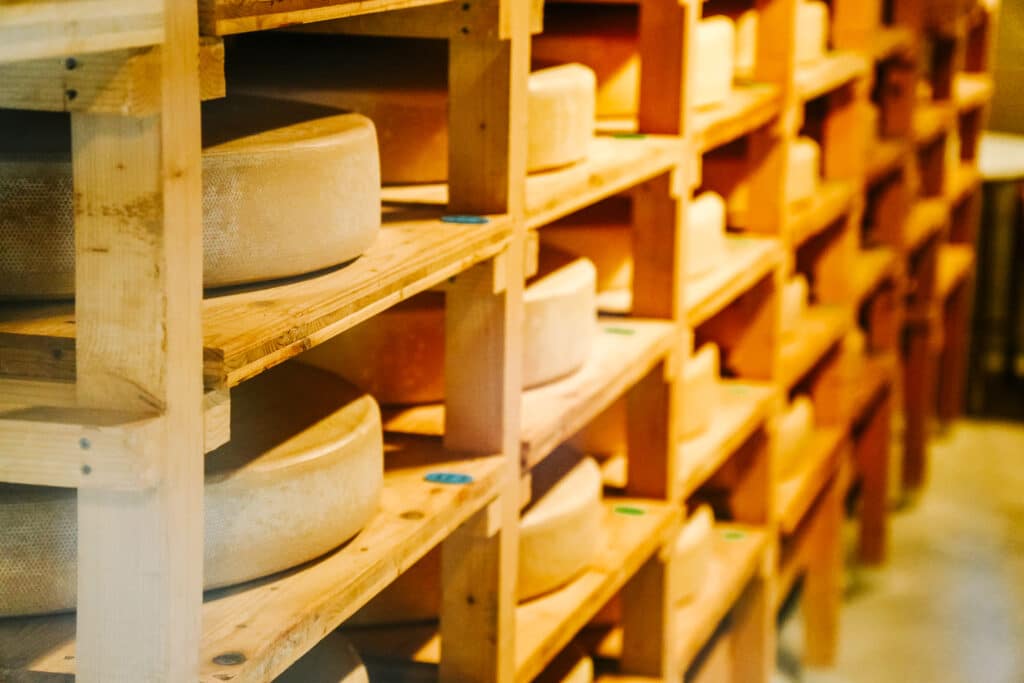 Close-up view of golden cheese wheels stacked on wooden shelves in the aging cave at La Laiterie Biei