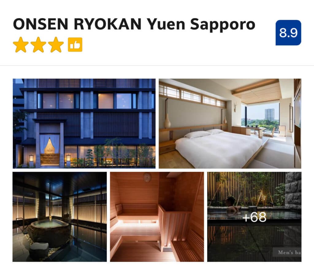 A beautifully designed modern ryokan that blends Japanese minimalism with urban convenience, Yuen Sapporo is one of the more atmospheric stays in the city. The onsen uses real Karurusu hot spring water transported from Noboribetsu, and the open-air bath is made from local Sapporo stone. Rooms include yukata robes and feel genuinely ryokan-esque despite being in the middle of a city.  It's an 8-minute walk from Odori Station (Exit 1) and a 13-minute walk from Sapporo Station, with the airport limousine bus stopping near the Hokkaido Government Building, about a 13-minute walk away.