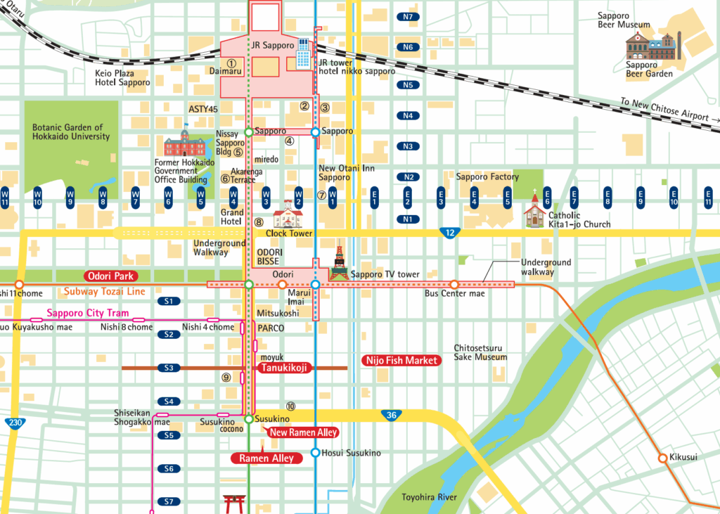 Map of the underground shopping malls that connect Sapporo Station with Susukino Station, Odori Park, and Tanukikoji Shopping Street (highlighted in red)