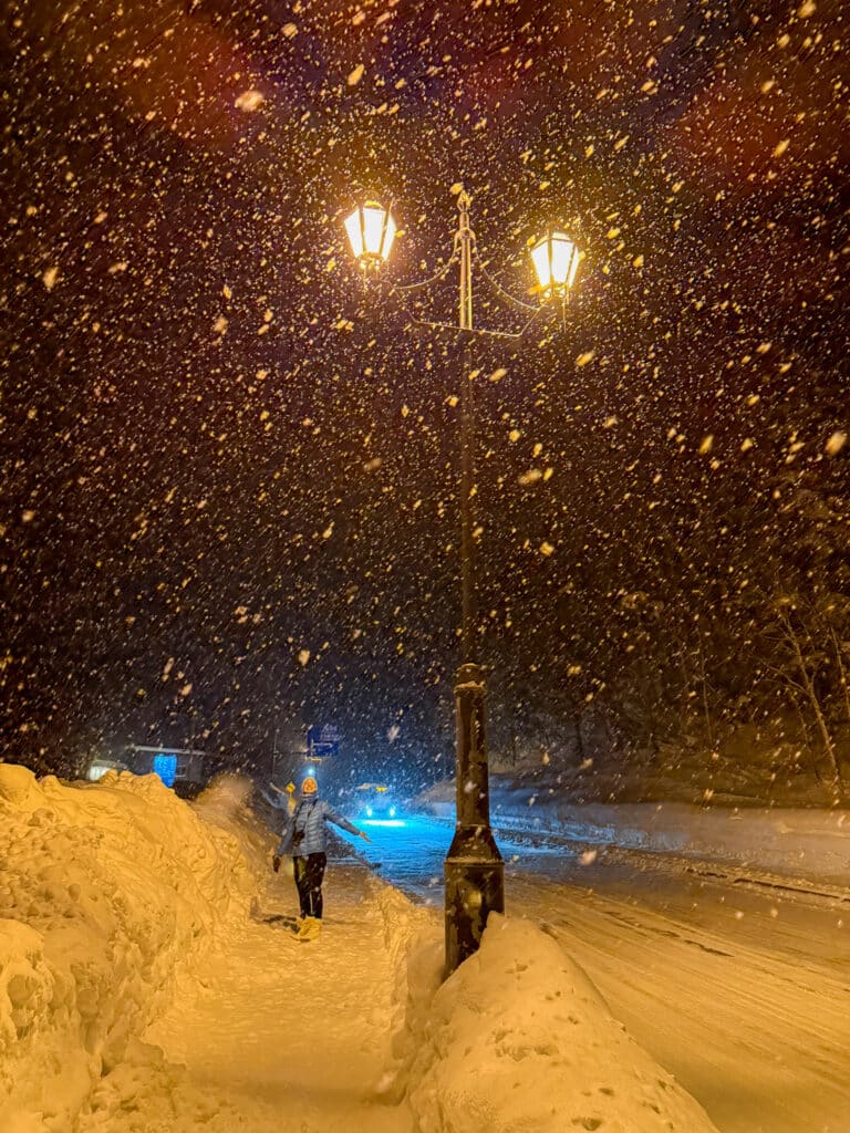 Heavy snowfall and glowing streetlights during a winter blizzard near Shirogane Onsen
