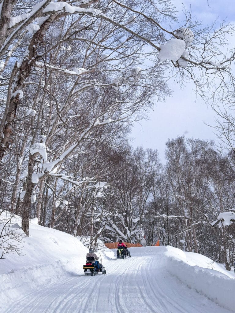 Snowmobile group traveling through snow-covered trees on a guided tour in Toya
