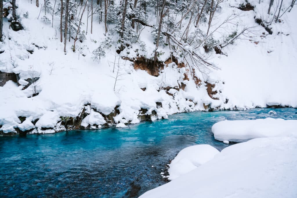 Clear blue water of the Biei Blue River surrounded by deep snow and winter forest