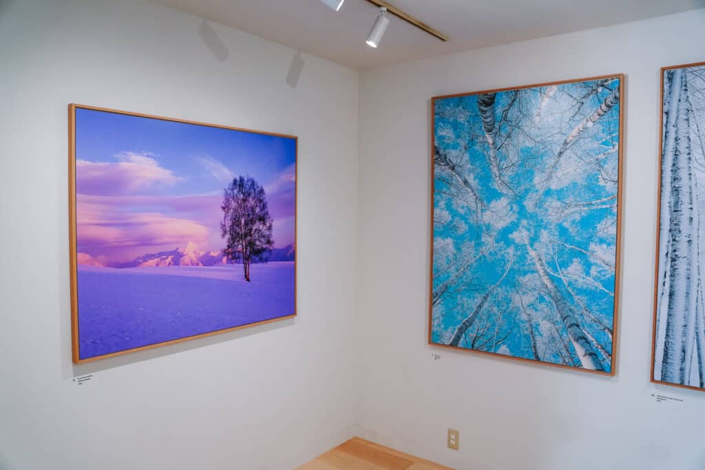 Landscape photography by Shinzo Maeda on display inside Takushinkan gallery in Biei, Hokkaido