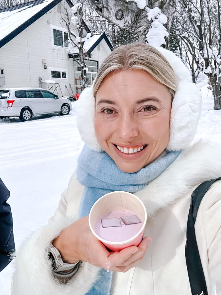 Lavender milk drink from SSAW Coffee next to Takushinkan gallery in Biei, Hokkaido