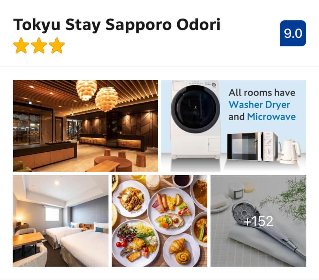 A fantastic pick for longer stays or families, Tokyu Stay Sapporo Odori is distinguished by its apartment-style rooms: all rooms are equipped with washer/dryers, microwaves, and air purifiers, and some rooms include a kitchen for self-catering. It's a 3-minute walk from Odori Station Exit 2, and the airport limousine bus stop is about 350 meters away. The Hokkaido-inspired buffet breakfast at the in-house restaurant Le Mouton is also a highlight.