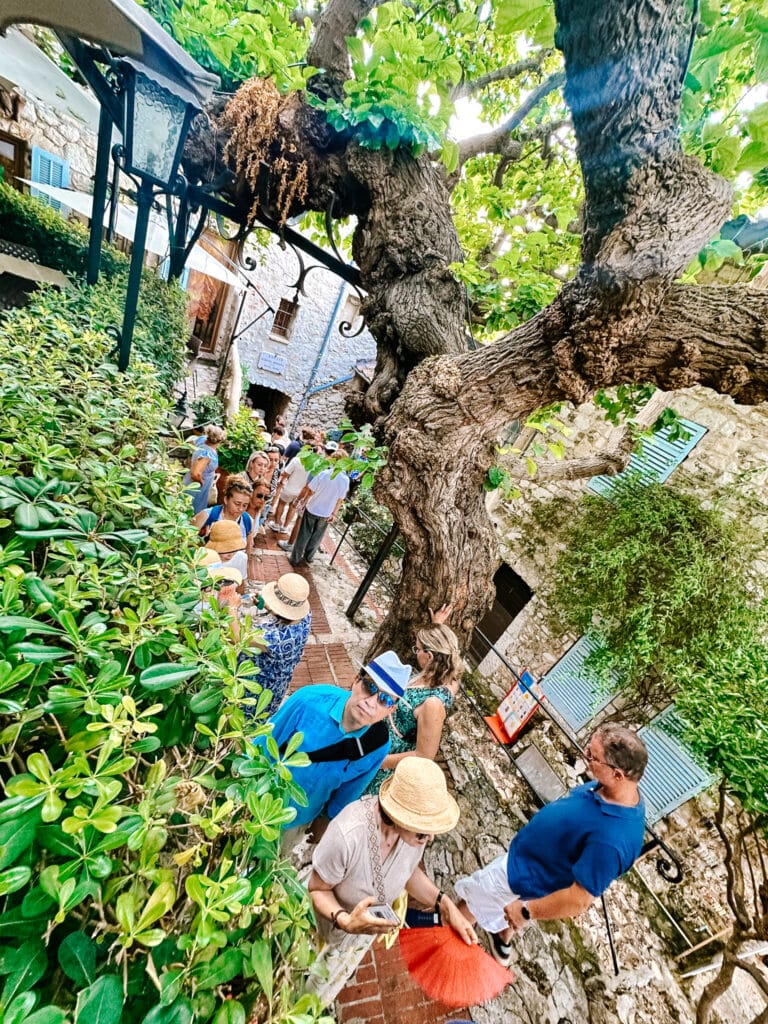 Long queue of tourists waiting to enter the Jardin Exotique d'Eze, showing why arriving early is essential