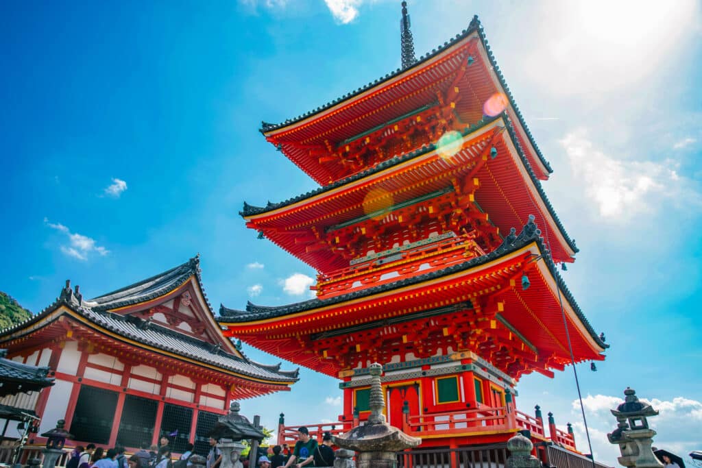 One of the pagodas at Kiyomizu-dera surrounded by crowds