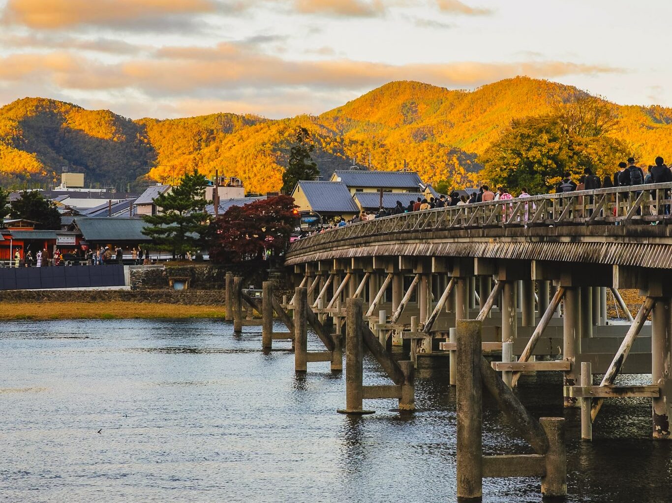 The Togetsukyo Bridge at twilight in Arashiyama.