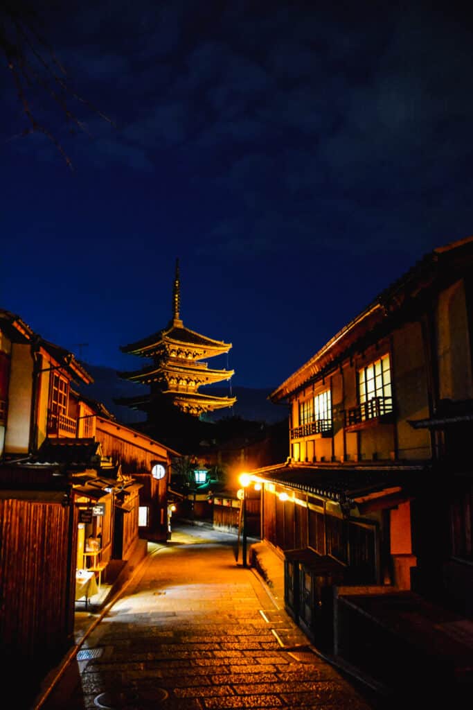 An empty street in Kyoto's historical district at night