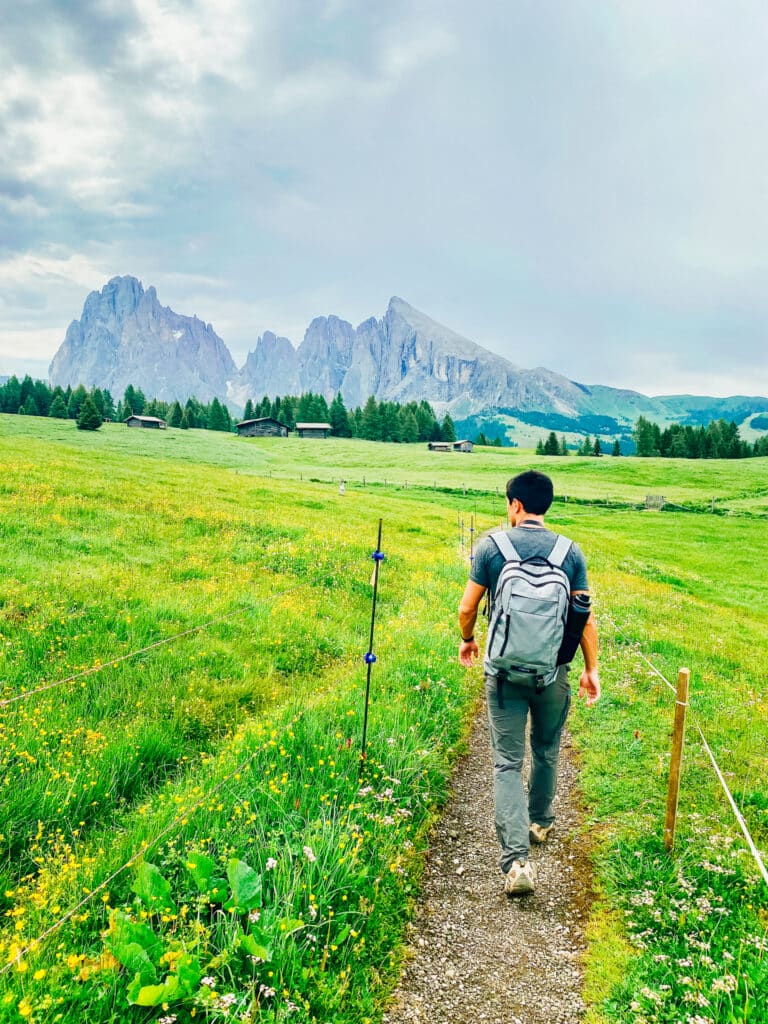 A hiker with a backpack walking along a trail through the flower-filled meadows of Alpe di Siusi with Sassolungo mountain peaks in the background, Dolomites, Italy