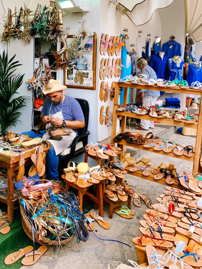 A custom sandal cobbler's shopfront in Anacapri with sandals