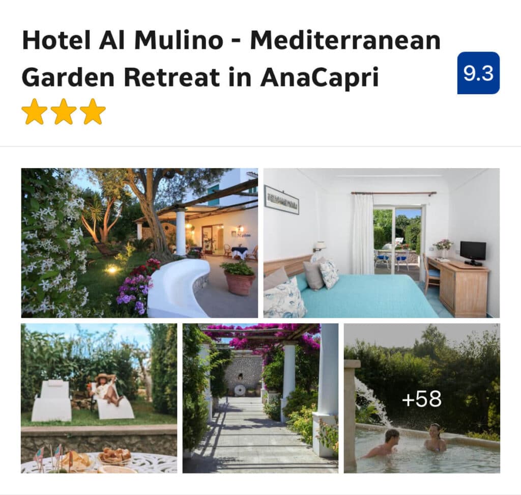 Jasmine-draped garden path and serene outdoor soaking pool at Hotel Al Mulino, Anacapri