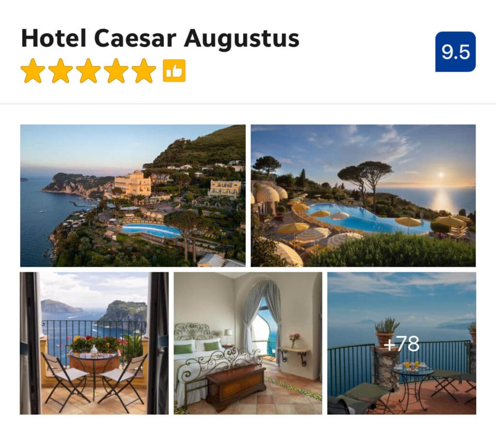 Clifftop pool and dramatic sunset sea views at Hotel Caesar Augustus, Anacapri