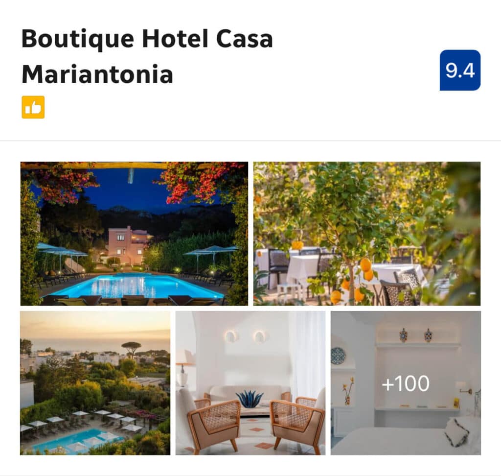 Illuminated garden pool and lemon-tree dining terrace at Boutique Hotel Casa Mariantonia, Capri