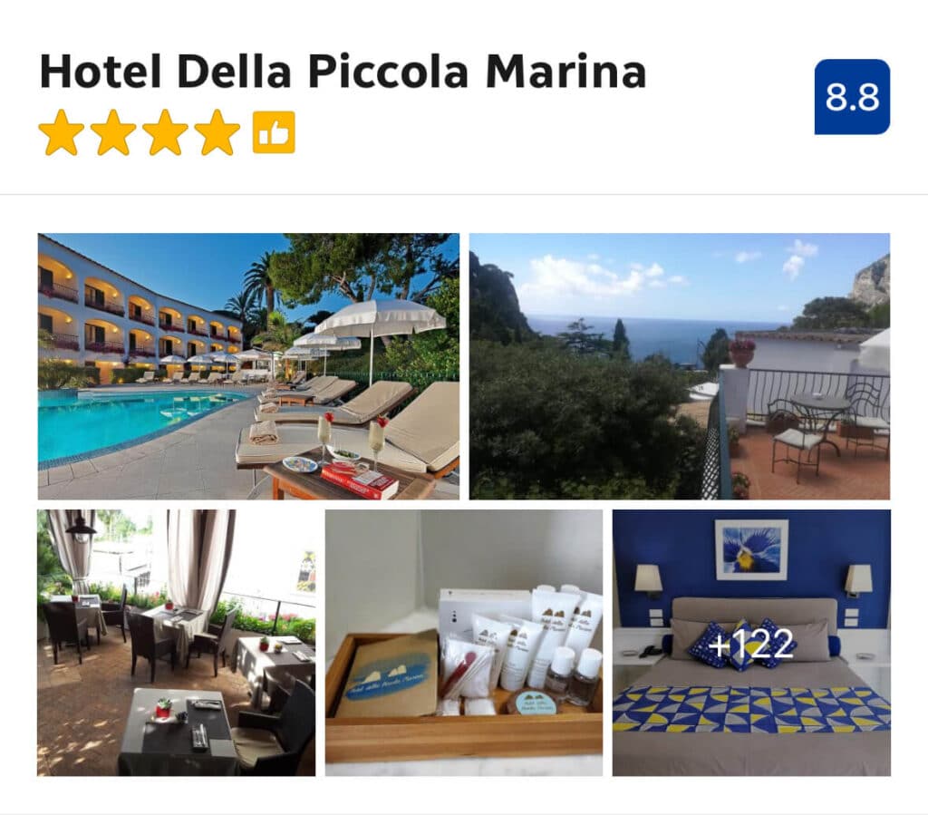 Poolside sun loungers and blue-accented guestroom at Hotel Della Piccola Marina, Capri