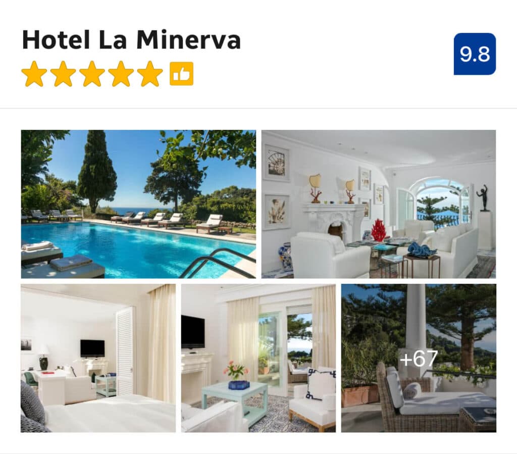 Pool view, and bright white interiors at Hotel La Minerva, Capri