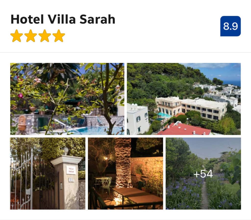 Lush garden and aerial view of Hotel Villa Sarah, Capri