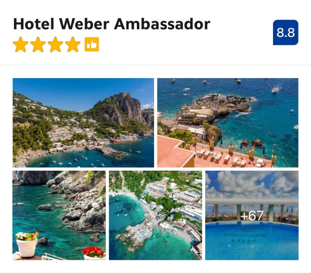 Aerial coastal views and infinity pool at Hotel Weber Ambassador, Capri