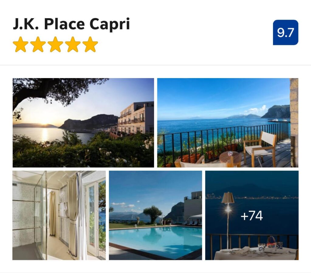 Sunset facade, sea-view terrace and pool at J.K. Place Capri