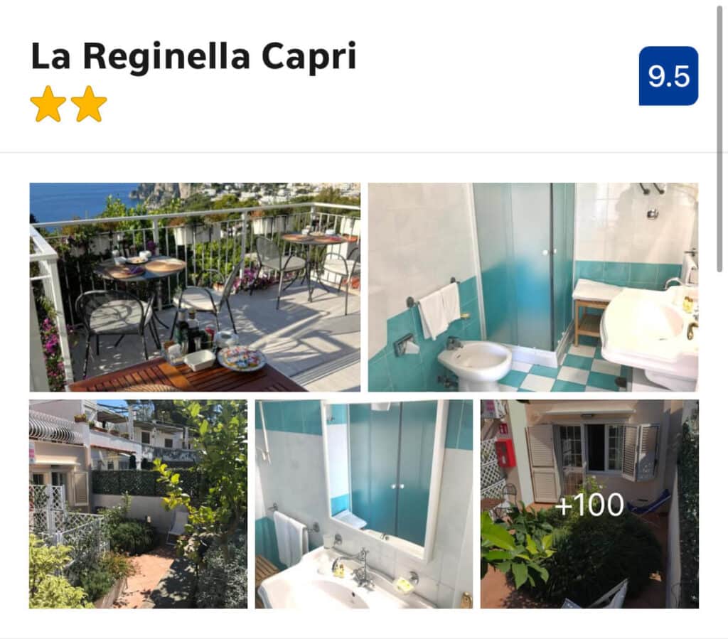Flower-lined terrace with Faraglioni views at La Reginella, Capri
