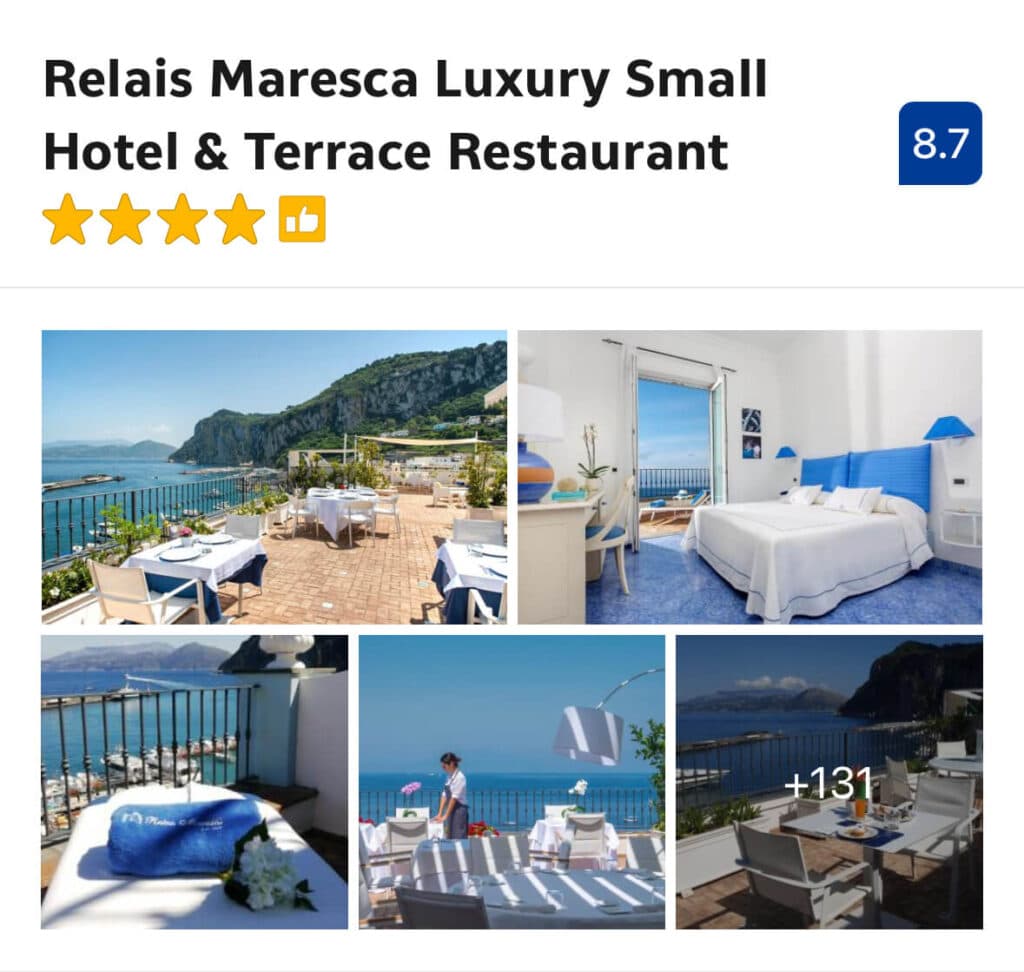Seafront terrace dining and blue-accented rooms at Relais Maresca, Capri