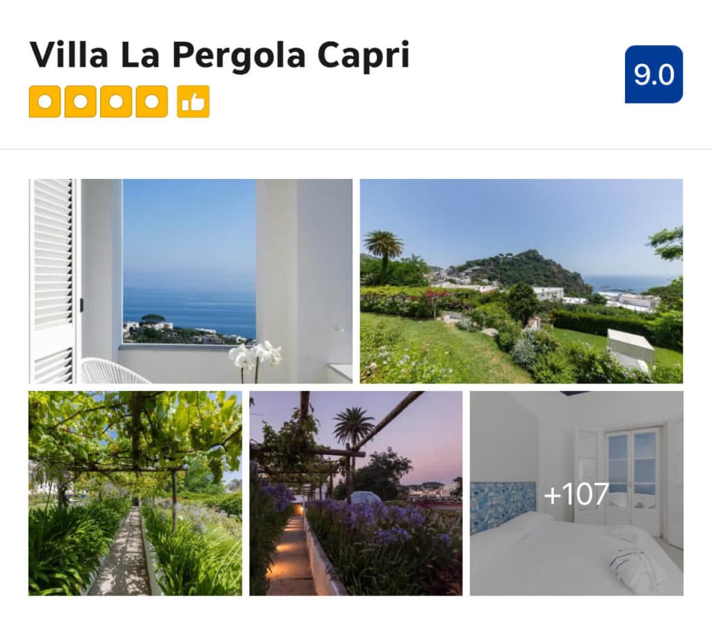 Sea-view gardens and vine-covered pergola walkway at Villa La Pergola, Capri