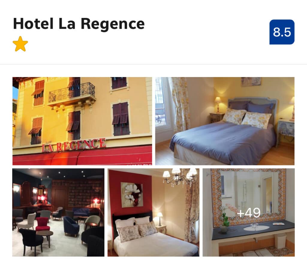 A simple, no-frills stay with one of the best locations in Villefranche-sur-Mer, Hôtel Le Régence sits right along the harbor, just steps from the beach, restaurants, and train station. Rooms are compact but comfortable, and some offer balconies with beautiful views over the bay. It’s a great pick if you want to stay centrally without spending a fortune — especially if you plan to be out exploring most of the day.